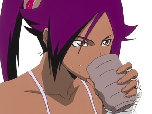 yoruichi shihouin bleach peau mate yeux ambre jaune cheveux violets desdemone loco bloop