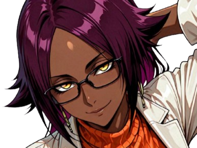 yoruichi shihouin bleach peau mate yeux ambre jaune cheveux violets desdemone loco bloop lunettes