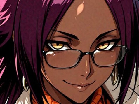 yoruichi shihouin bleach desdemone peau mate yeux ambre jaune cheveux violets bloop lunettes