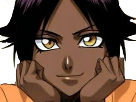 yoruichi shihouin bleach desdemone peau mate yeux ambre jaune cheveux violets bloop