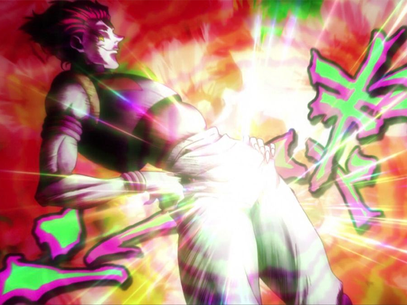 hisoka morow hunter x hunterxhunter anime manga cheveux-rouge yeux-jaunes clown magicien nen transformation assassin sociopathe