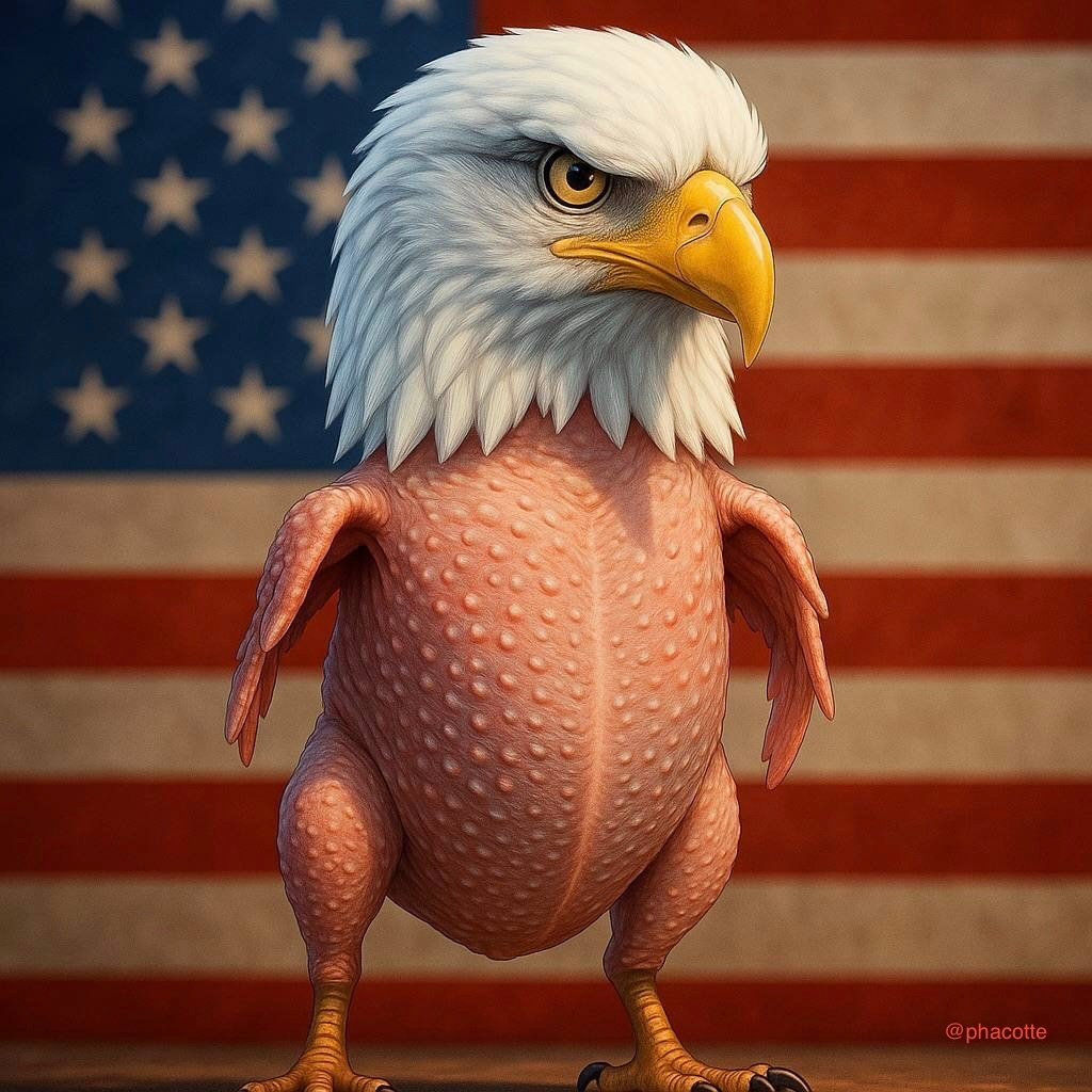 trump usa etats unis amerique aigle nus poil deplume plumes poulet drapeau