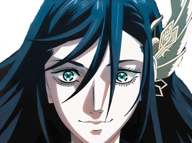 brunhilde record of ragnarok brunehilde cheveux bleu nuit yeux vert broche aile bloop