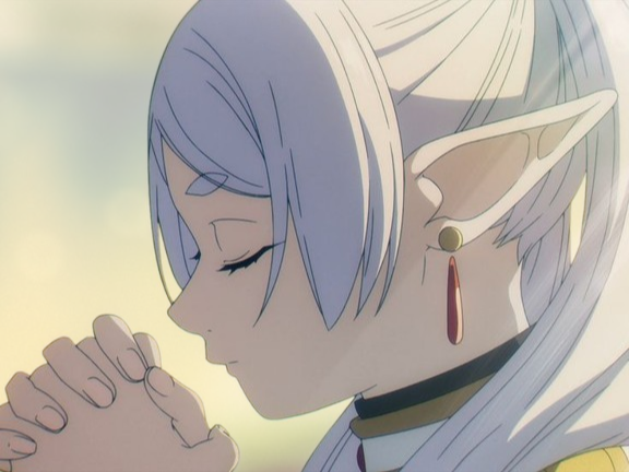 frieren sousou elfe cheveux blanc oreilles pointues boucles oreille rouge bloop