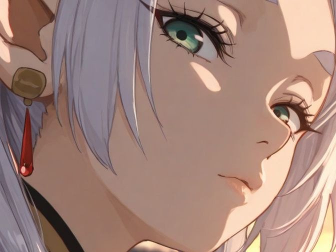 frieren sousou elfe cheveux blanc oreille pointues boucles rouge bloop