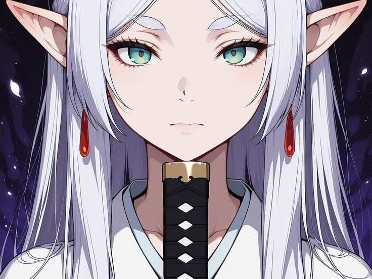 frieren sousou elfe cheveux blanc oreille pointues boucles rouge bloop katana epee