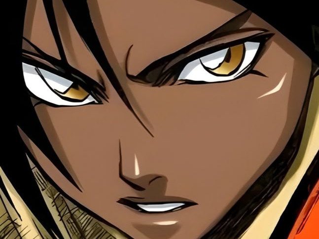 yoruichi shihouin bleach peau mate cheveux violet yeux ambre desdemone bloop