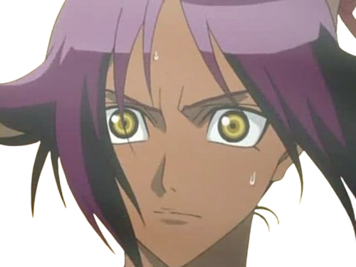 yoruichi shihouin bleach peau mate cheveux violet yeux ambre desdemone bloop