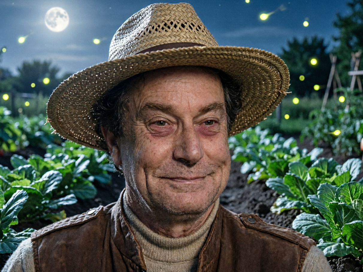 jesus issou potager jardin plante legume fruit culture fatigue chapeau paille paysan campagne nuit ruskia