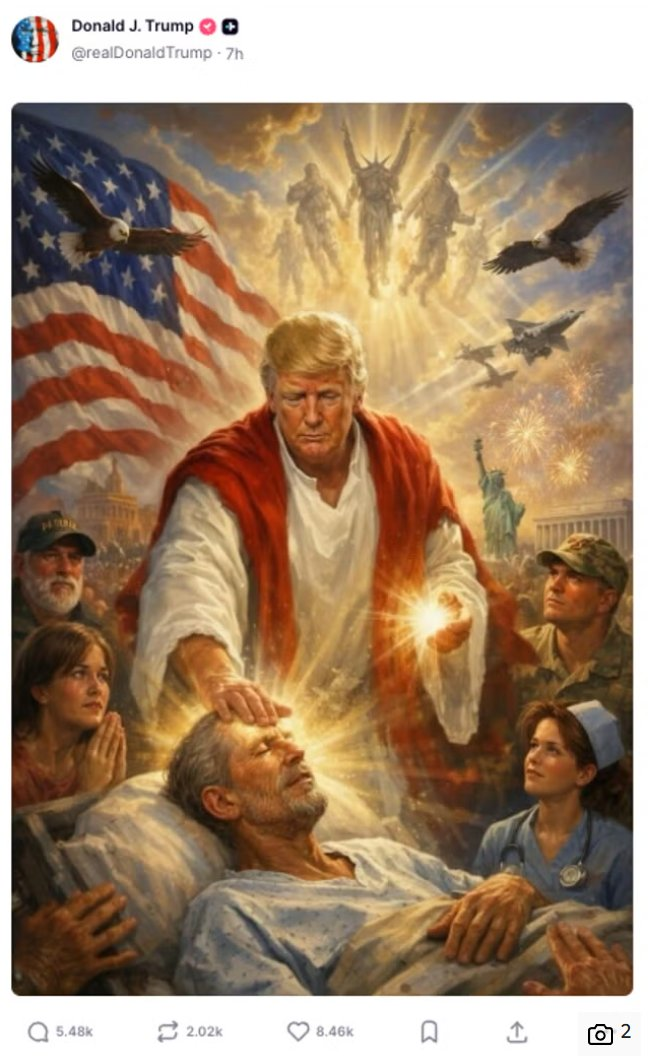 donald trump bruiter jesus meme miracle epstein saint usa america amerique culte personnalite ego star