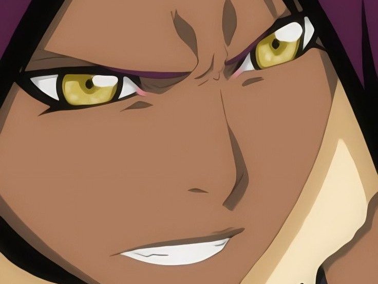 yoruichi shihouin bleach peau mate cheveux pourpre violet yeux ambre jaune fic bloop
