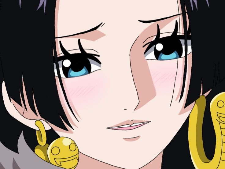 boa hancock one piece cheveux noir boucles oreille serpent yeux bleu fic bloop
