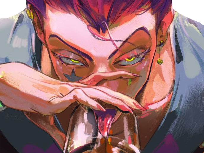 hisoka morou hunter hxh isaac cheveux rouge yeux jaune ambre clown tare fic bloop
