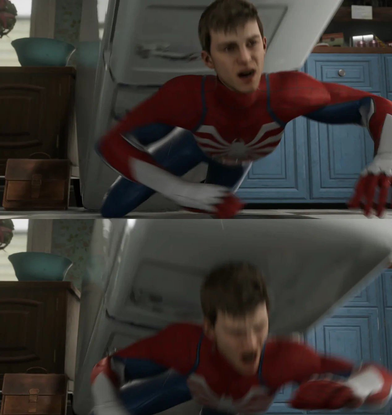 peter parker spiderman spider-man spider man ecrase frigo victime insomniac faible refrigerateur finito ps5