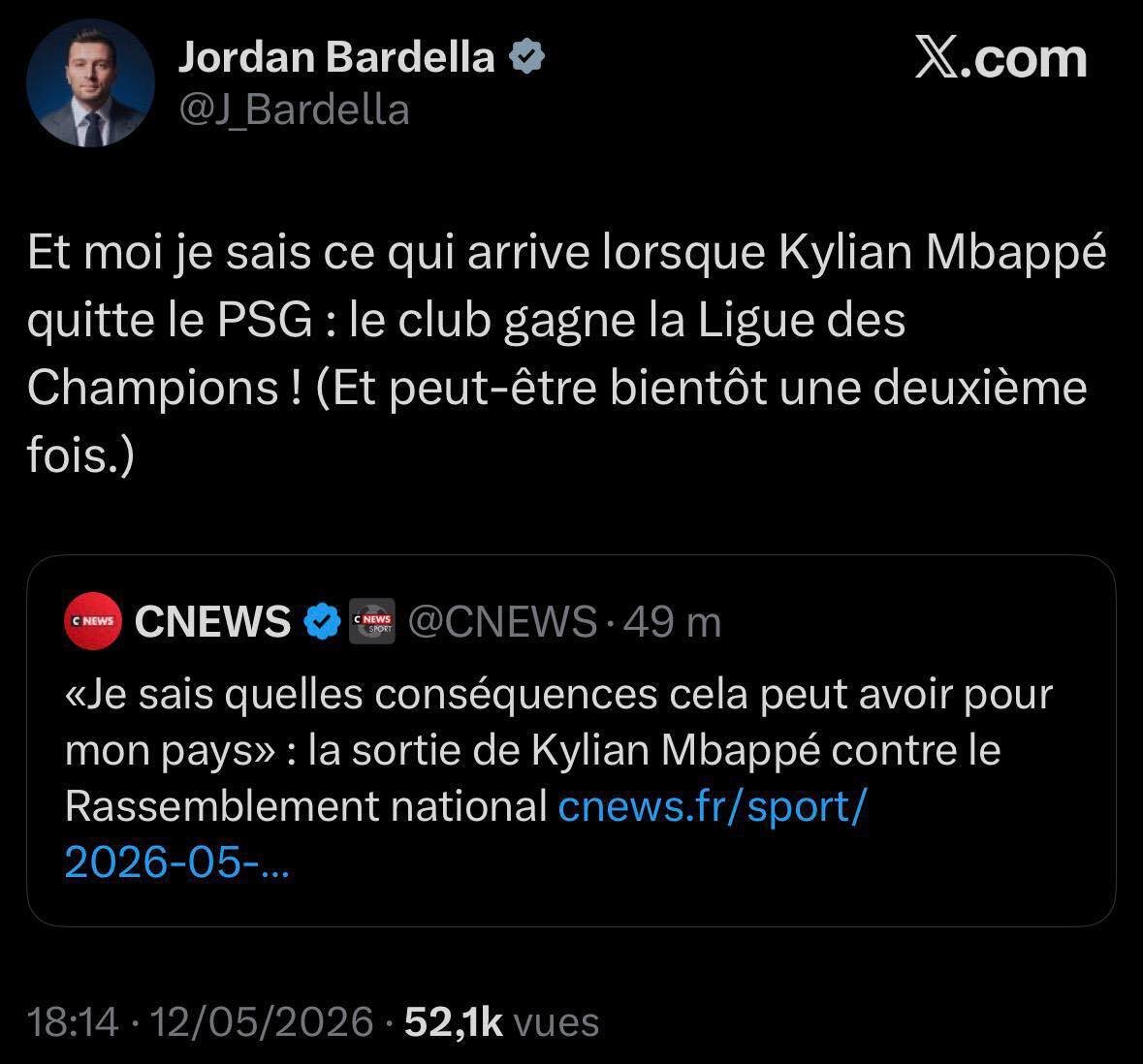 bardella rn mbappe president x psg defaite perdant gagnant humiliation