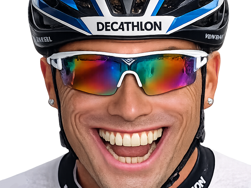 ronaldo ronaldoent zoom sourire content bouche ouverte dents cyclisme casque lunettes portugais portugal decathlon