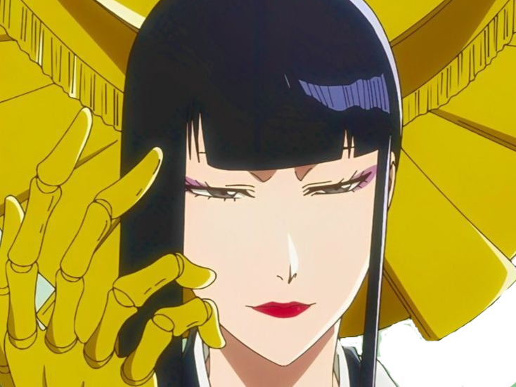 senjumaru shutara bleach cheveux noir khol frange amaterasu broche soleil fic bloop