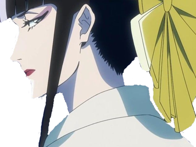 senjumaru shutara bleach cheveux noir khol frange amaterasu broche soleil fic bloop