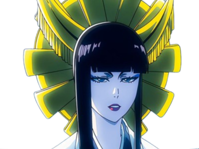 senjumaru shutara bleach cheveux noir frange khol amaterasu broche soleil fic bloop
