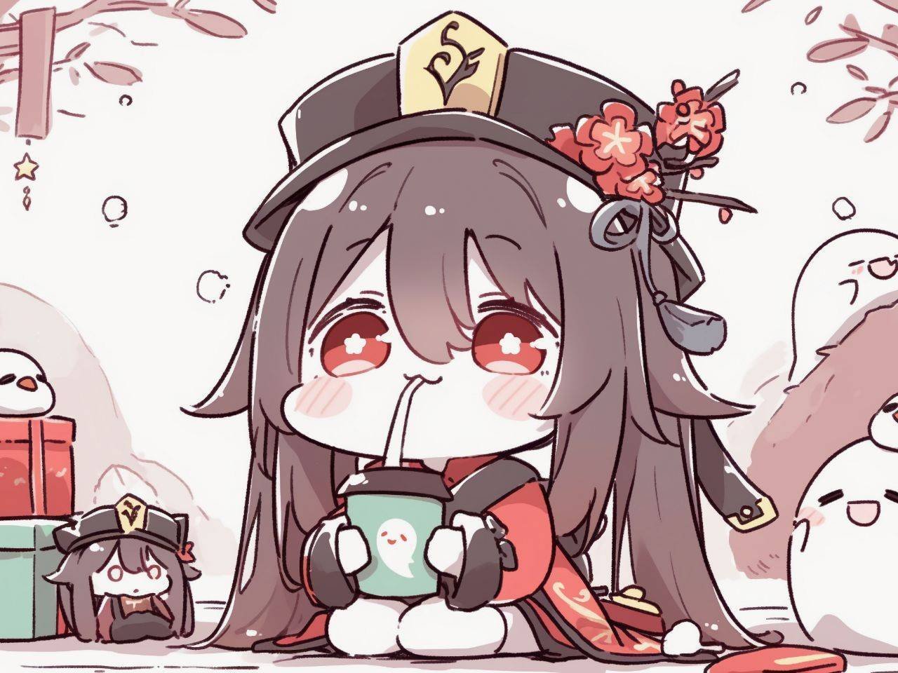 hu tao liyue pyro cute chibi boisson boit genshin impact