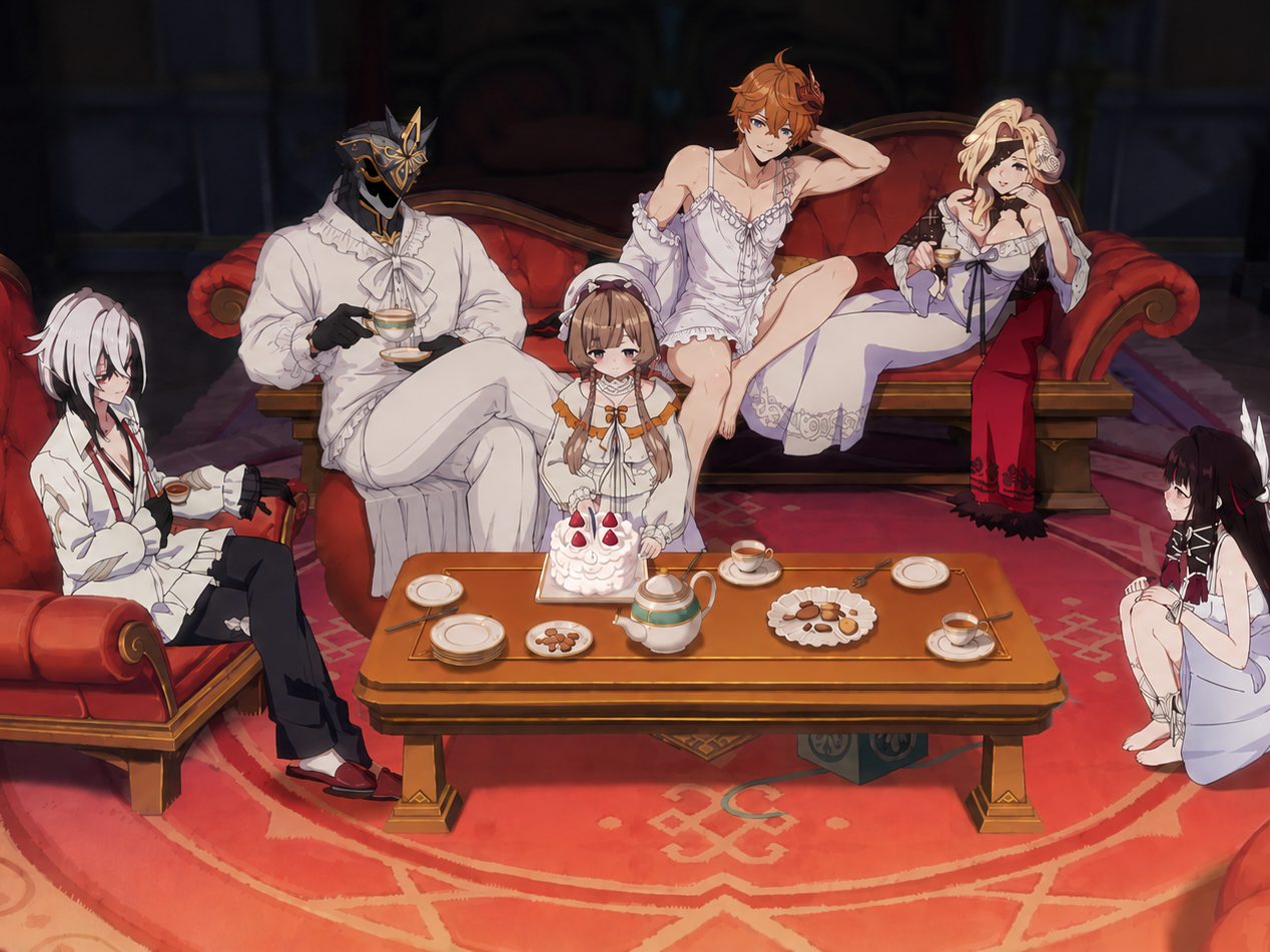 fatui the party genshin impact sandrone signora tarta capitano arlecchino arle tartaglia columbina pyjama