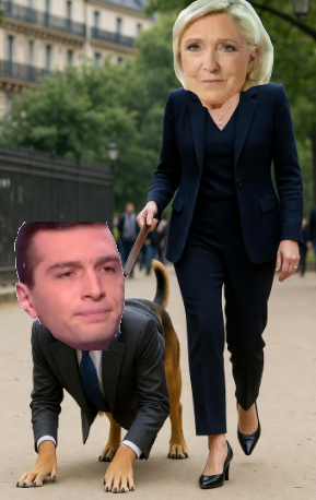 le pen rn promene jordan bardella chien soumis niche bouffon pantin laisse