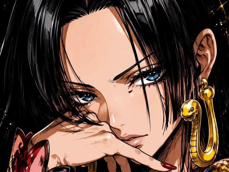 boa hancock one piece cheveux noir yeux bleu boucles oreille serpent fic bloop