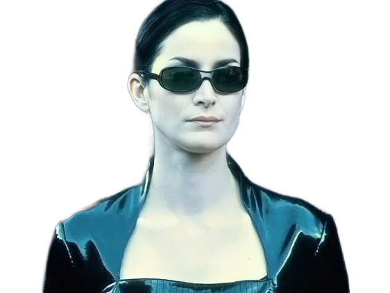 carrie anne moss matrix trinity cheveux noir latex cuir fic bloop lunettes