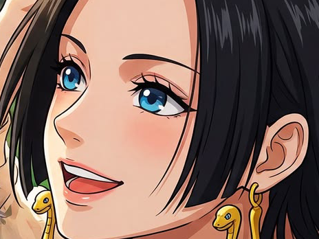 boa hancock one piece cheveux noir yeux bleu boucles oreilles serpent fic bloop