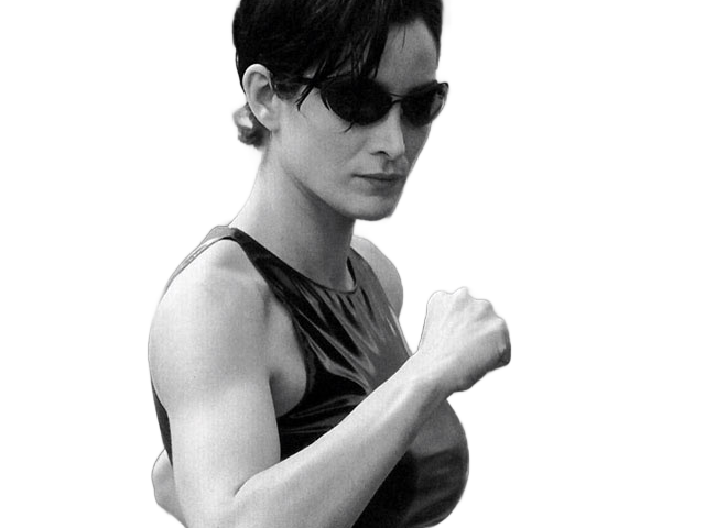 carrie anne moss matrix trinity cheveux noir cuir latex fic bloop lunettes
