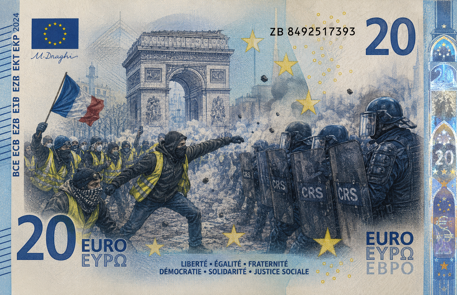 billet 20 vingt euros oro nouveau 2026 gilet jaune crs police shithole france europe valeur