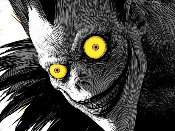 ryuk death note pluton ange demon ailes noir yeux jaune soufre pomme fic bloop