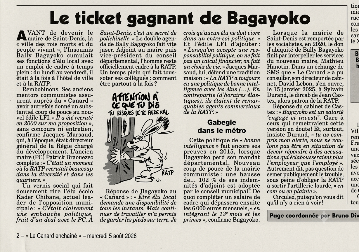 canard enchaine bally bagayoko lfi communiste corrompu ratp emploi fictif gabegie