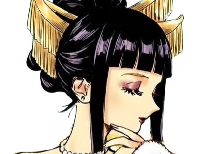 senjumaru shutara bleach cheveux noir khol frange amaterasu broche soleil fic bloop