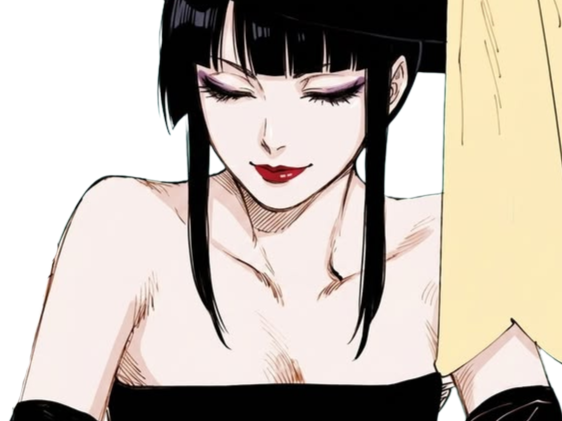 senjumaru shutara bleach cheveux noir khol frange amaterasu broche soleil fic bloop