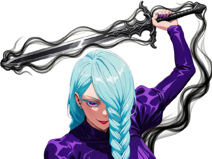 mei mei-mei jujutsu kaisen jjk cheveux blanc yeux violet tresse ade vizard bloop katana epee