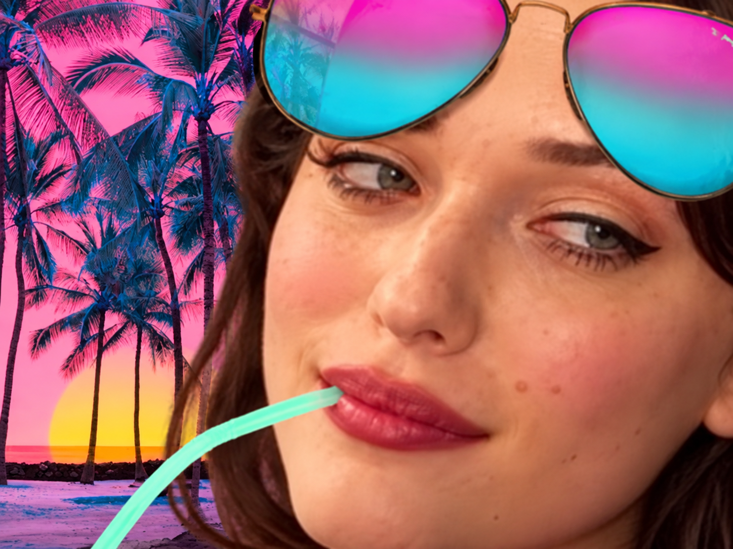 Sticker kate dennings femme actrice americaine 2 broke girls sud plage vacances cocktail paille lunettes soleil par DingueDeKat