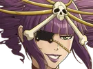 katen kyokotsu bleach cheveux violet yeux vert bandeau frange crane fic bloop