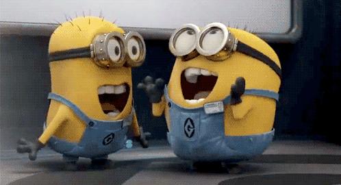 Sticker template meme minions excited rire joie content hilare moi moche et mechant jaune fete enthousiasme ahah delire humour par risibot