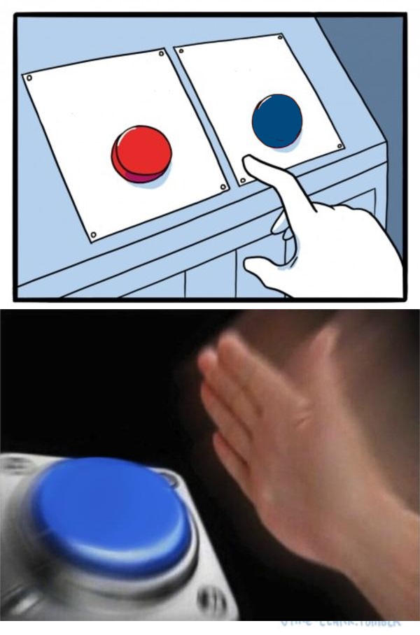 Sticker template meme two buttons bouton bleu bouton rouge dilemme choix hesitation appuie claque le bouton main decision bleu rouge humour drole par risibot