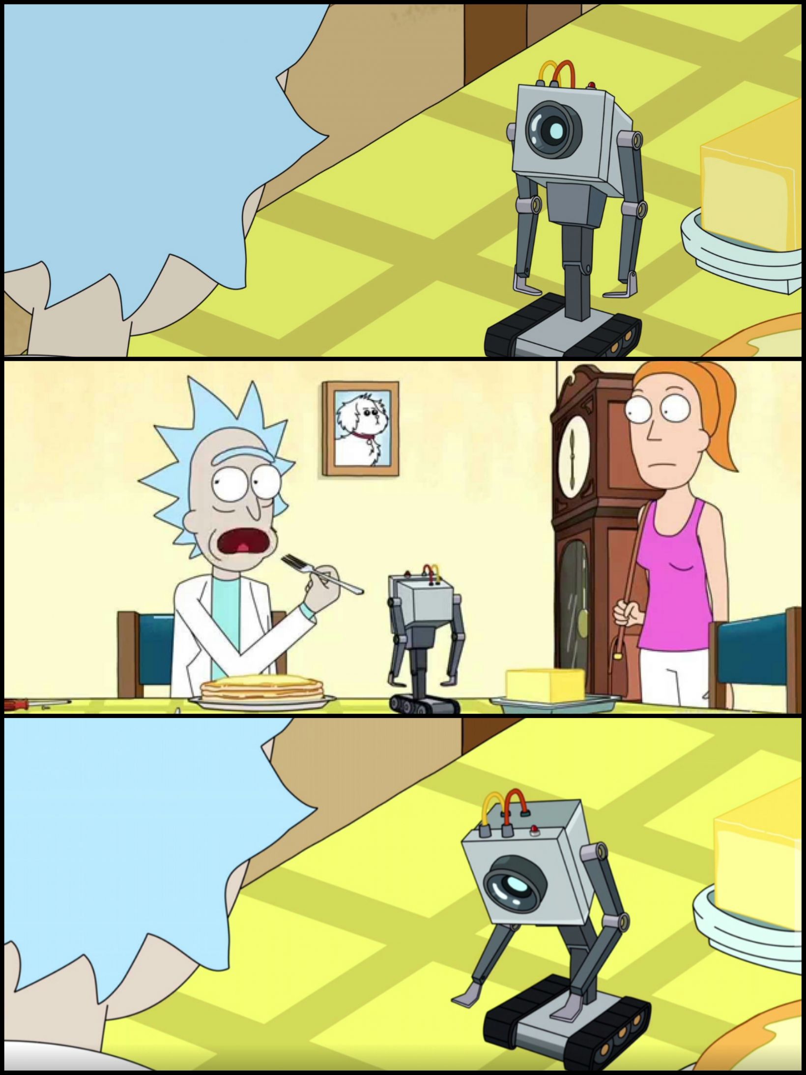 Sticker template meme rick and morty rick butter robot passe le beurre robot beurre crise existentielle serie summer dessin anime petit dej utilite humour par risibot