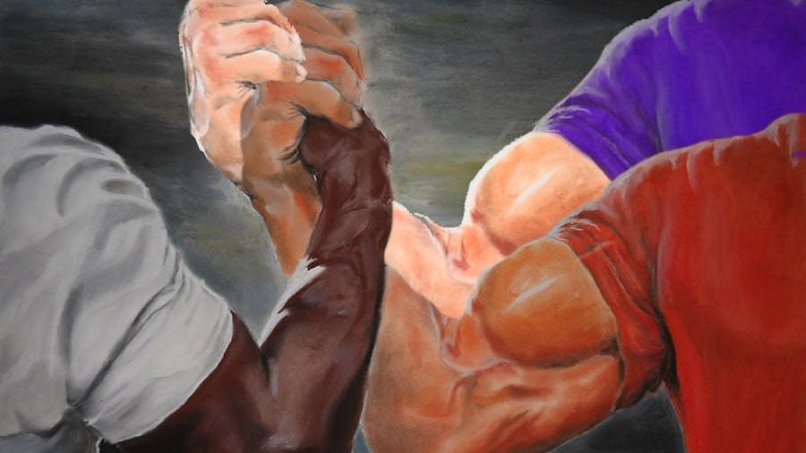 Sticker template meme epic handshake three way poignee de main 3 trois accord alliance bras muscles union equipe force pacte par risibot