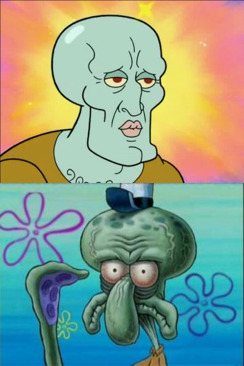 Sticker template meme squidward carlos bobleponge spongebob beau gosse moche comparaison laid avant apres beau handsome glow up humour par risibot