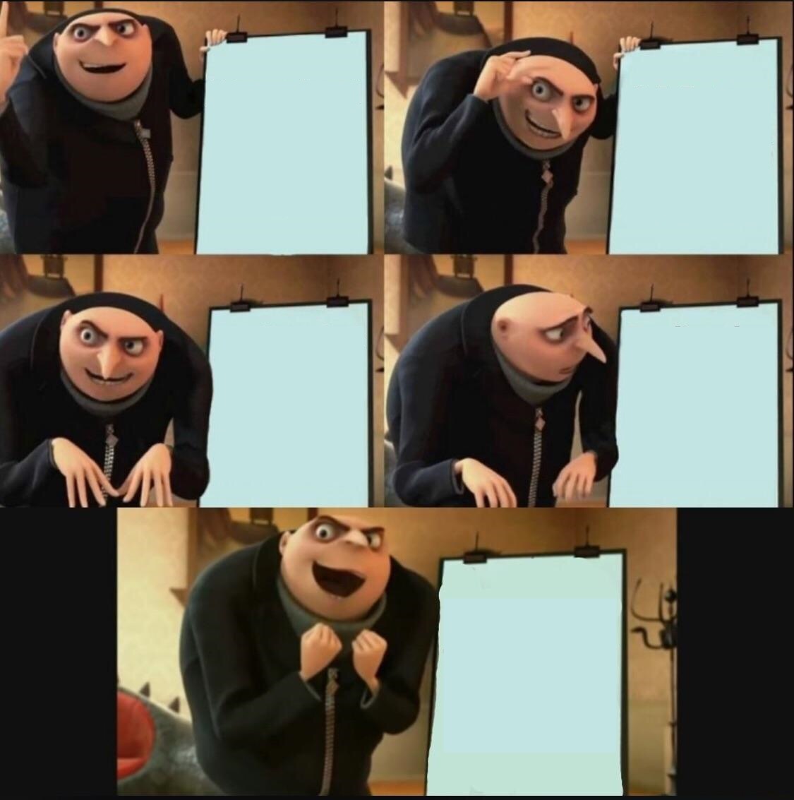 Sticker template meme gru plan moi moche et mechant 5 cases despicable me tableau echec ironie cases retournement minions idee humour par risibot