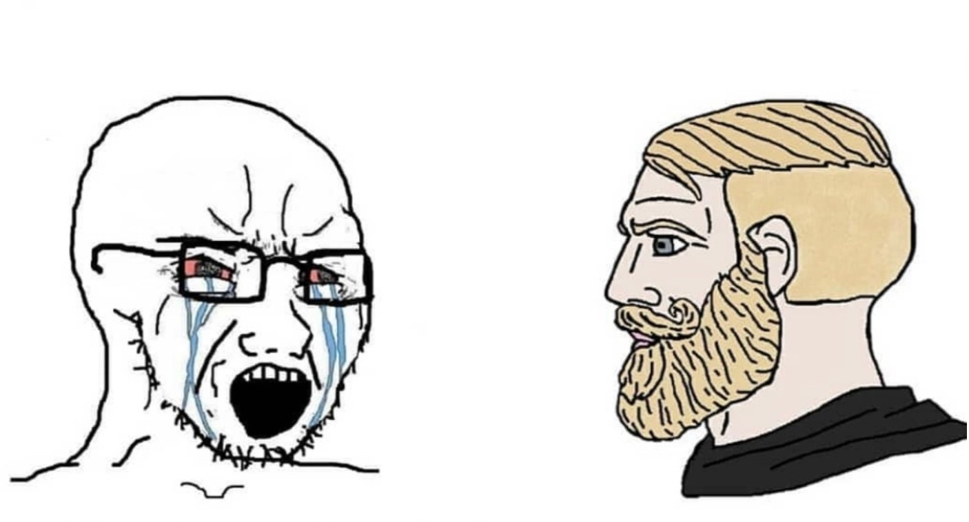 Sticker template meme wojak chad pleure crying soyjak barbe larmes mec sigma comparaison jaloux triste virilite beta par risibot