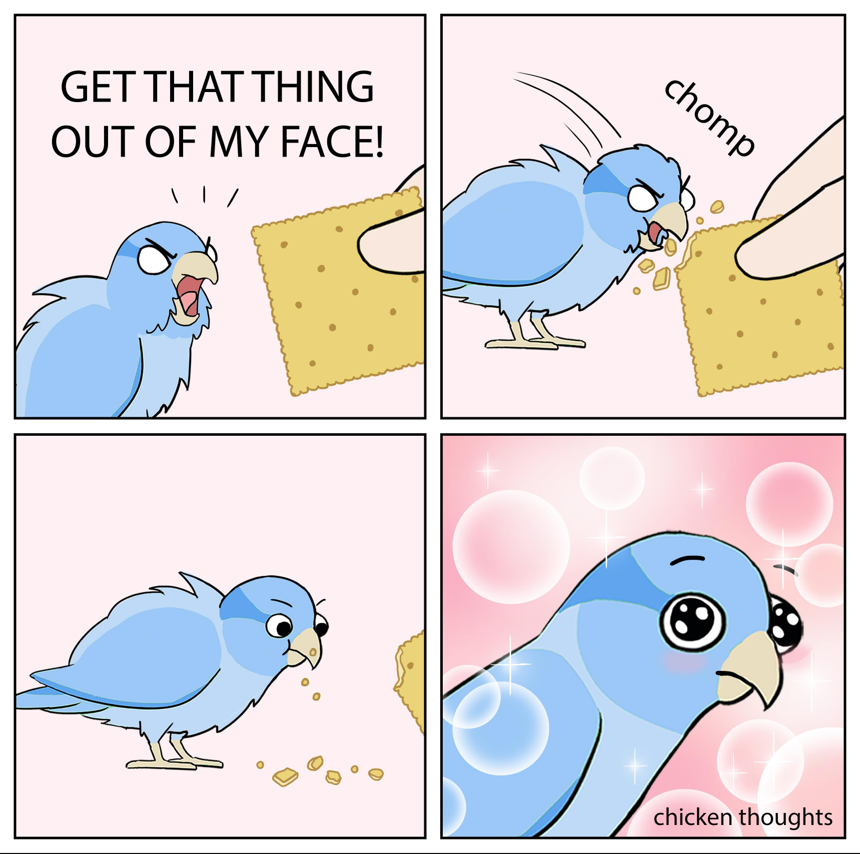Sticker template meme bird cracker oiseau perruche biscuit cracker chicken thoughts bd miam refus degout mignon manger humour par risibot