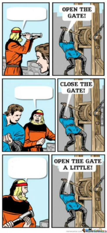 Sticker template meme open the gate a little portail porte ouvrir fermer bd comics garde un peu negocier compromis negociation couvert de par risibot