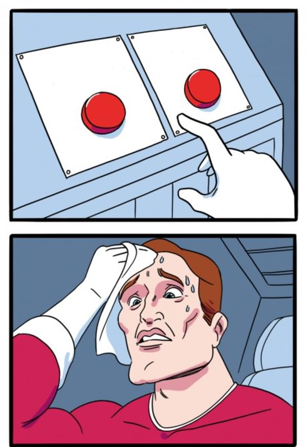 Sticker template meme sweat button two buttons boutons dilemme choix hesitation transpire stress decision difficile rouge super heros reaction par risibot