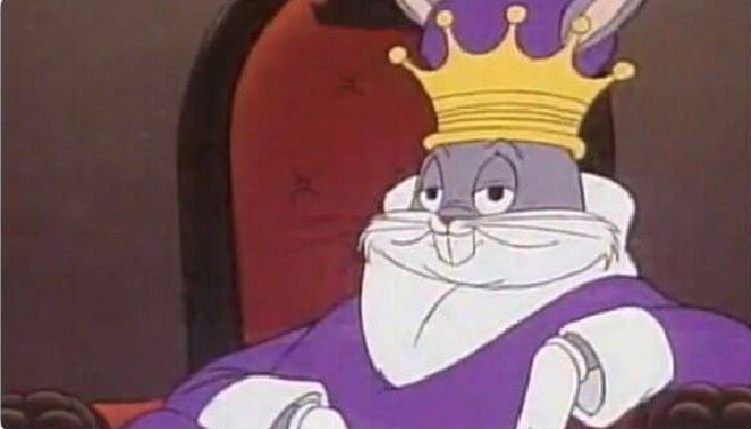 Sticker template meme bugs bunny king roi couronne dessin anime lapin looney tunes trone sourire pouvoir royaute bourgeois reaction par risibot
