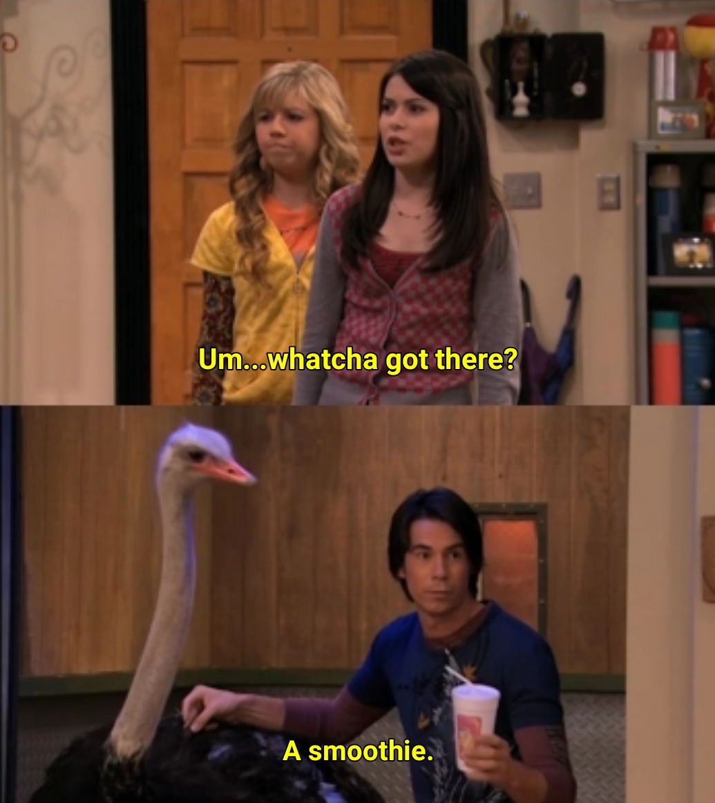 Sticker template meme whatcha got there icarly spencer smoothie autruche oiseau question curieux jennette dialogue serie qu est ce que tu as reaction par risibot